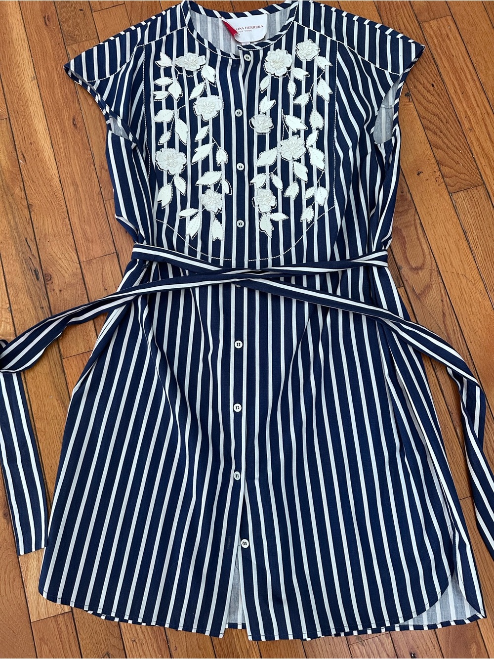 Carolina Herrera Navy & White Striped Button-Front Dress with Embroidered Detail